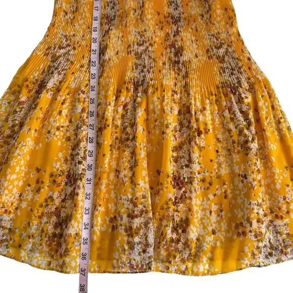 Maison d'Amelie Yellow Floral Pleated Drop Waist Dress Women’s Large Halter Neck - Picture 4 of 8